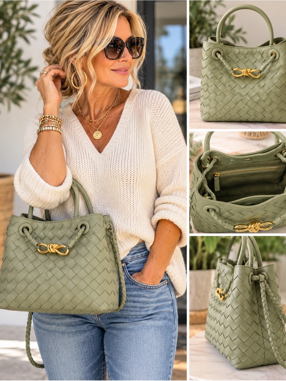 TIFFANY & FRED PARIS WOVEN LEATHER TOP HANDLE SHOULDER BAG Moss Green